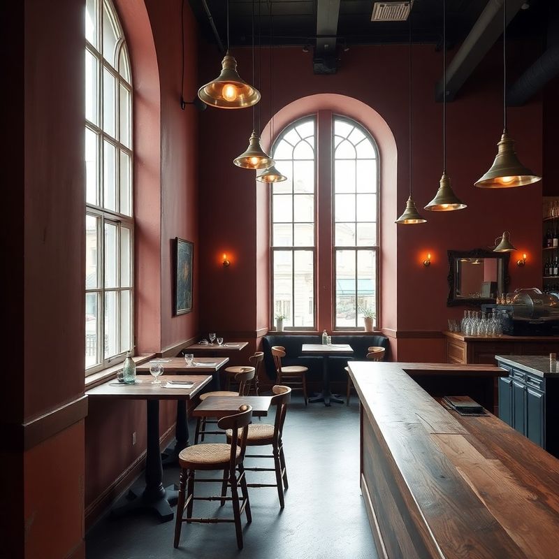 Café à Leuven avec murs en enduit rose poudré et suspensions en laiton