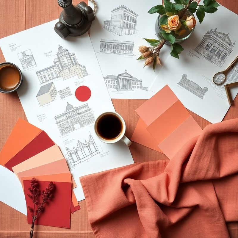 Bureau de consultation avec échantillons rose-chauds et croquis d'architecture